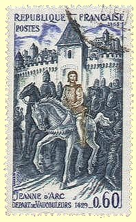 Briefmarke der französischen Post von 1968: Johanna beim Ausfall aus Veaucouleurs 1429