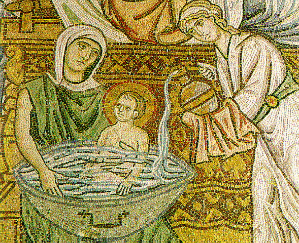 Die Hebammen baden den Neugeborenen Jesus. Mosaik, um 100, im Kloster Daphni bei Athen