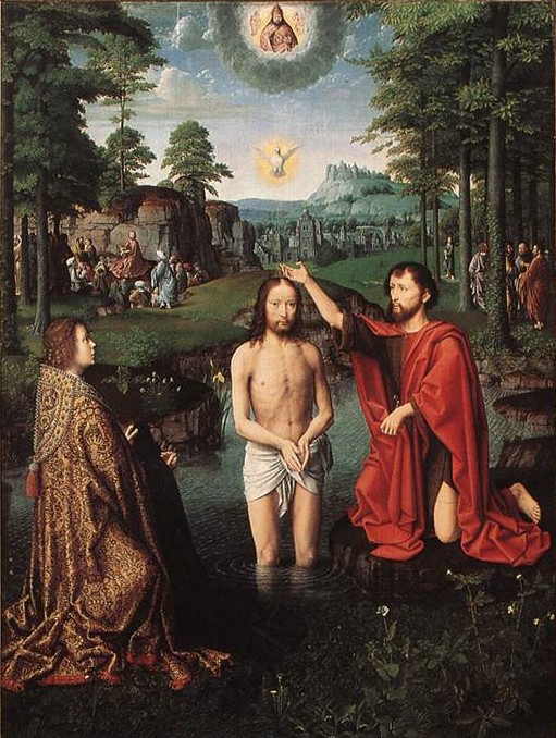 Gérard David: Johannes tauft Jesus, Mittelteil des Triptychons von Jean des Trompes, 1505, im Groeninge Museum in Brügge