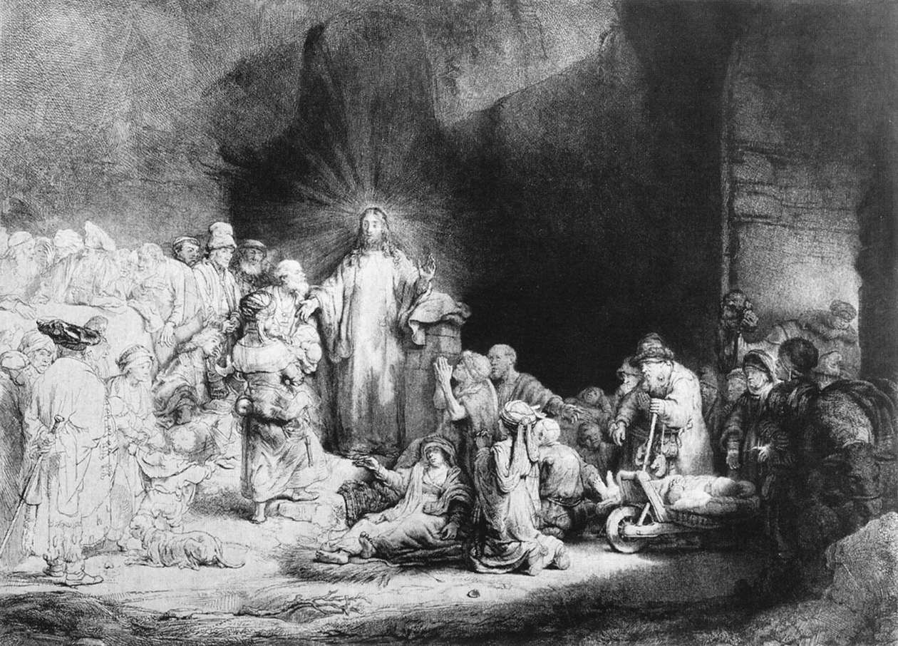 Rembrandt Harmensz van Rijn: Die kleinen Kinder werden zu Jesus gebracht - die Radierung ist bekannt als das '100-Gulden-Blatt', 1647 - 49, im Rijksmuseum in Amsterdam