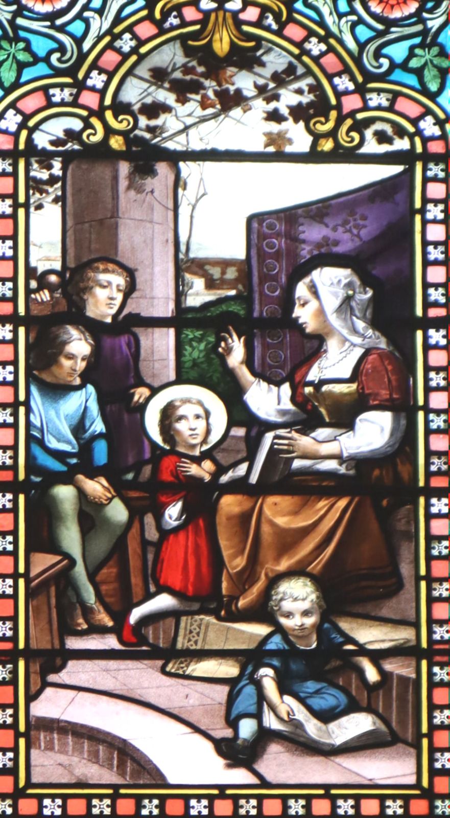 Lucien Bégeule: Johannes Franz Régis' mit Mutter und Geschwistern, Glasfenster, 1890, in der Kirche Saint-Régis in Lalouvesc