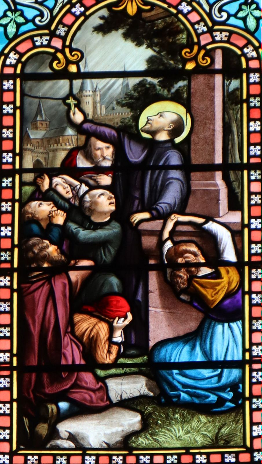 Lucien Bégeule: Johannes Franz Régis stoppt die Pestepidemie in Montfaucon, Glasfenster, 1890, in der Kirche Saint-Régis in Lalouvesc