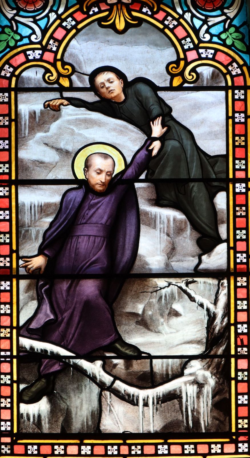 Lucien Bégeule: Johannes Franz Régis, verloren im Schnee nahe Montfaucon, Glasfenster, 1890, in der Kirche Saint-Régis in Lalouvesc