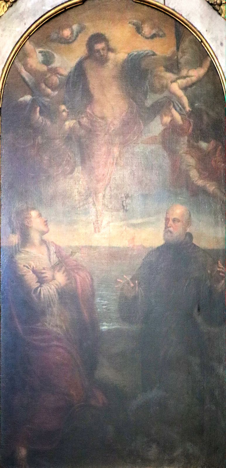 Jacopo Tintoretto: Justina (links) und Franz von Paola</a> vor Jesus Christus, um 1580, Ex voto des Kommandanten der siegreichen Schlacht von Lepanto (vgl. Maria „Rosenkranzfest”), in der Kirche Santa Maria Zobenigo / del Giglio in Venedig