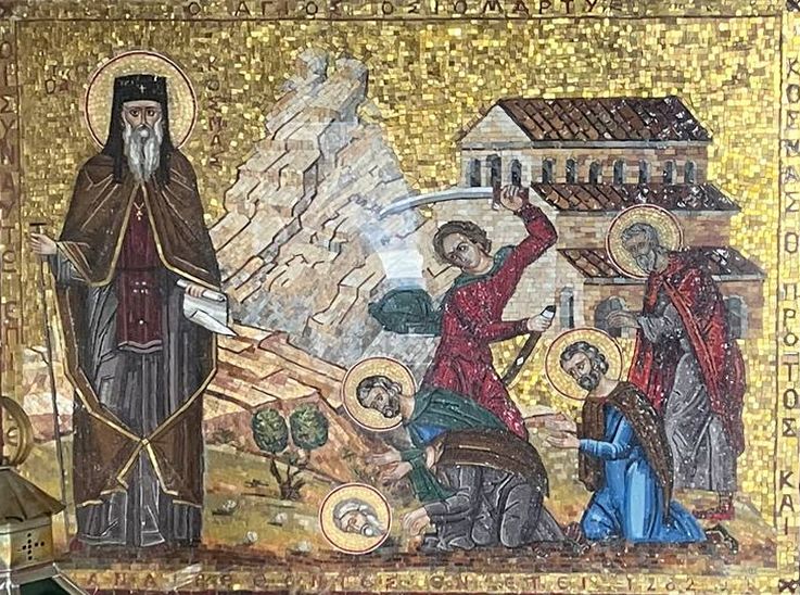 Mosaik: Kosmas und das Martyrium der Mönche