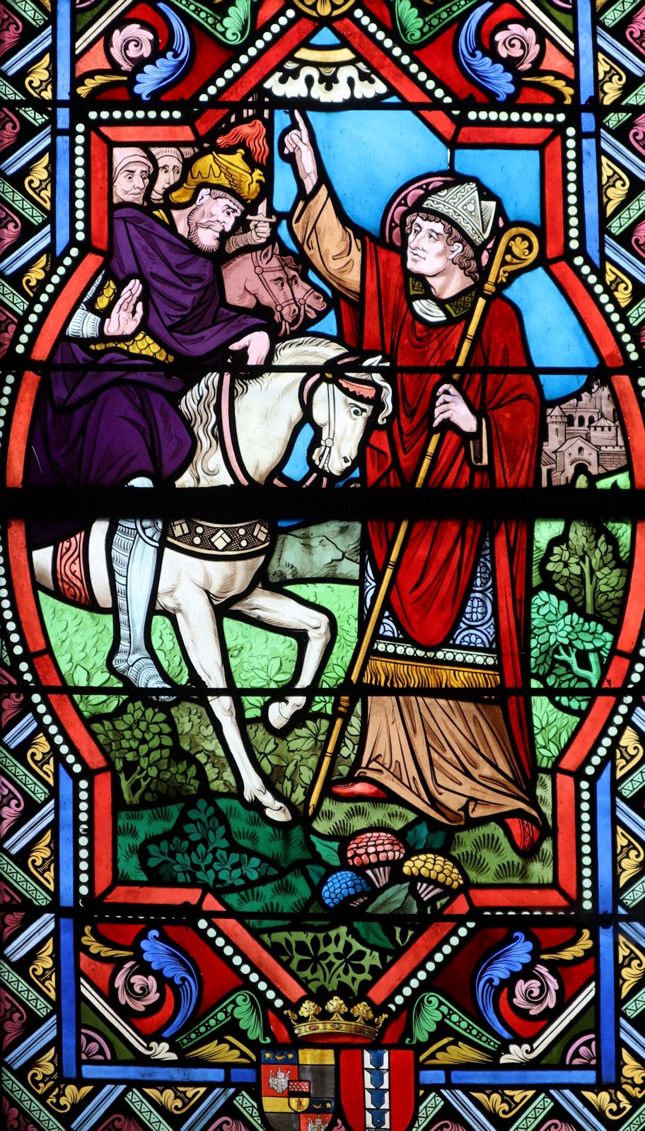 Glasfenster: Lupus vor Attila, in der Lupus geweihten Pfarrkirche in Saint-Honoré-les-Bains bei Nevers