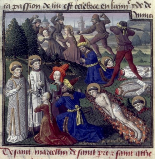 Buchmalerei: Martyrium von Marcellinus und Petrus, aus: Vincentius Bellovacensis, Speculum historiale, 15. Jahrhundert, Paris