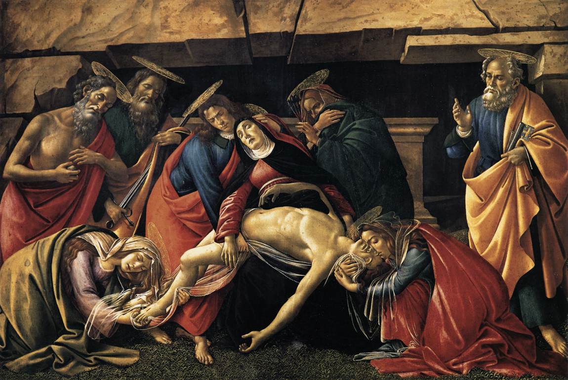 Hieronymus, Paulus, Johannes, Maria, (Maria) Salome, Maria des Kleophas und Petrus beweinen den toten Christus, um 1490, in der Alten Pinakothek in München