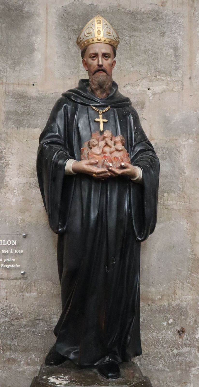 Odilo mit den „armen Seelen im Fegefeuer” wegen seiner Einführung des Allerseelentages, Statue in der Kirche Notre Dame in Cluny