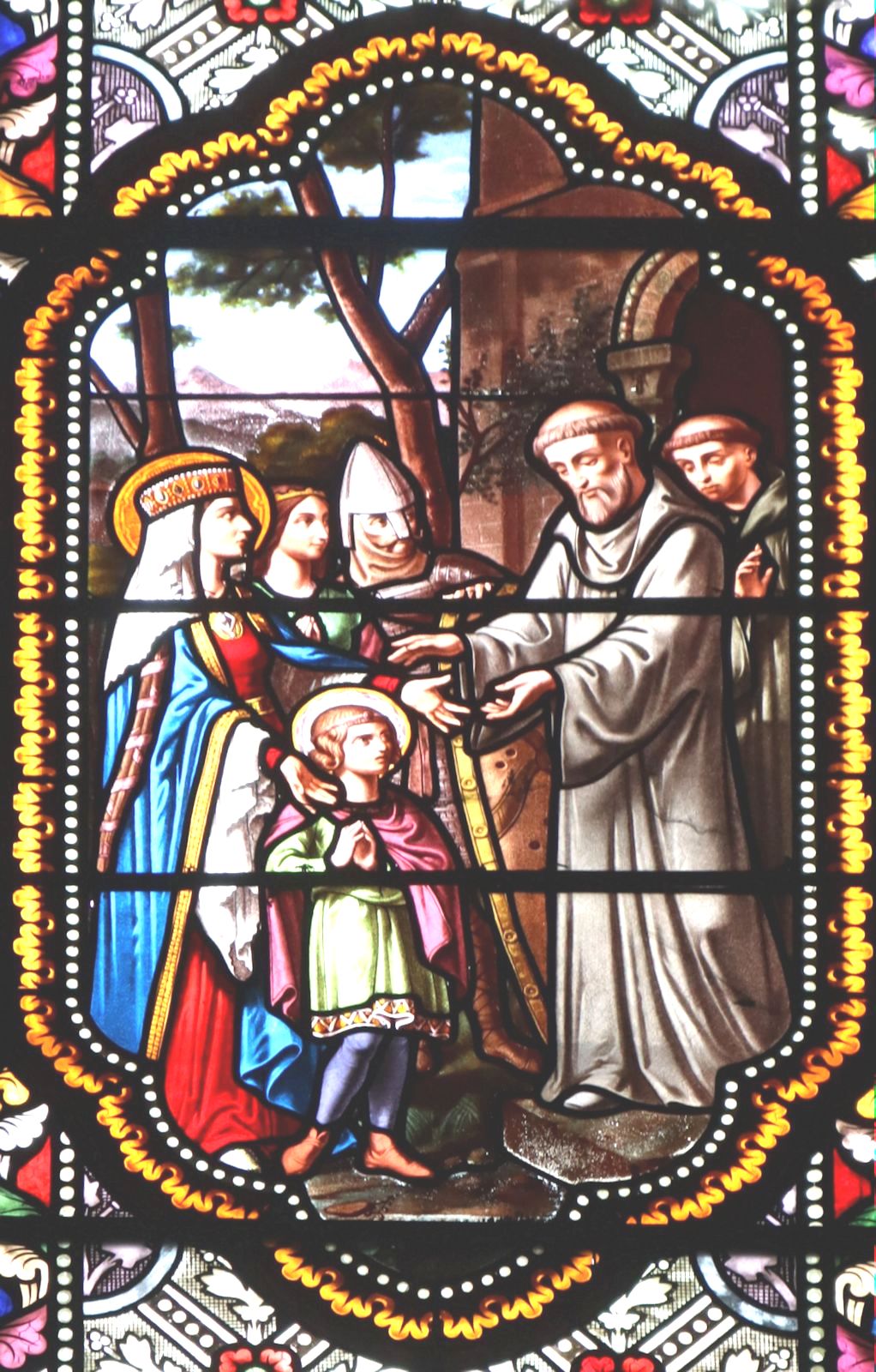 Glasfenster: Petrus wird als Oblate dem Priorat in Sauxillanges übergeben, in der Pfarrkirche in Sauxillanges