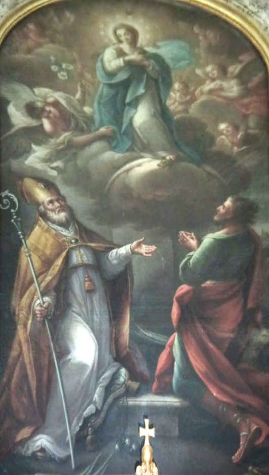 Filippo Ricci: Maria Immaculata zeigt Sabinus (links) und einem unbenannten Märtyrer dem Platz zum Bau des Domes von Fermo auf dem Monte Sabulo, 1790, im Dom in Fermo