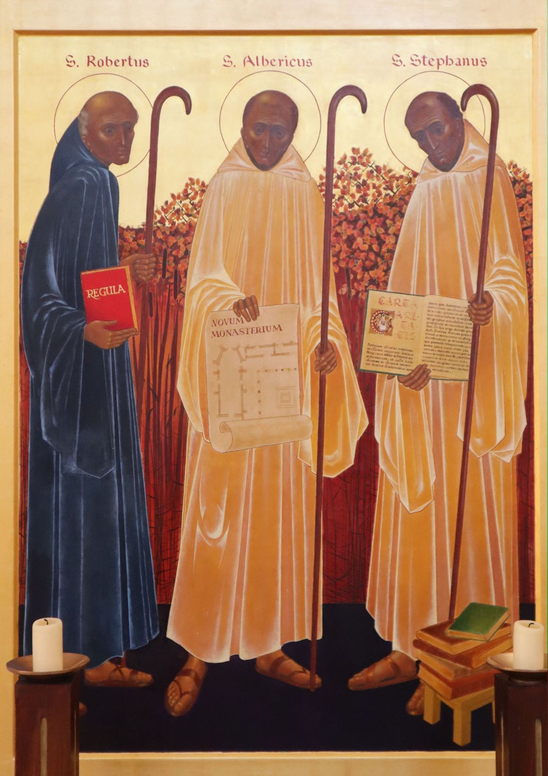 Ikone: Stephan (rechts) mit Robert von Molesme und Alberich von Cîteaux, in der Kirche des Klosters Cîteaux