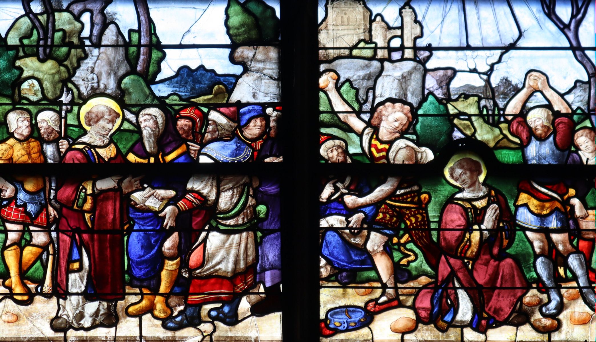 Glasfenster: Stephanus' Martyrium, um 1535, in der Kathedrale in Bourges in Frankreich