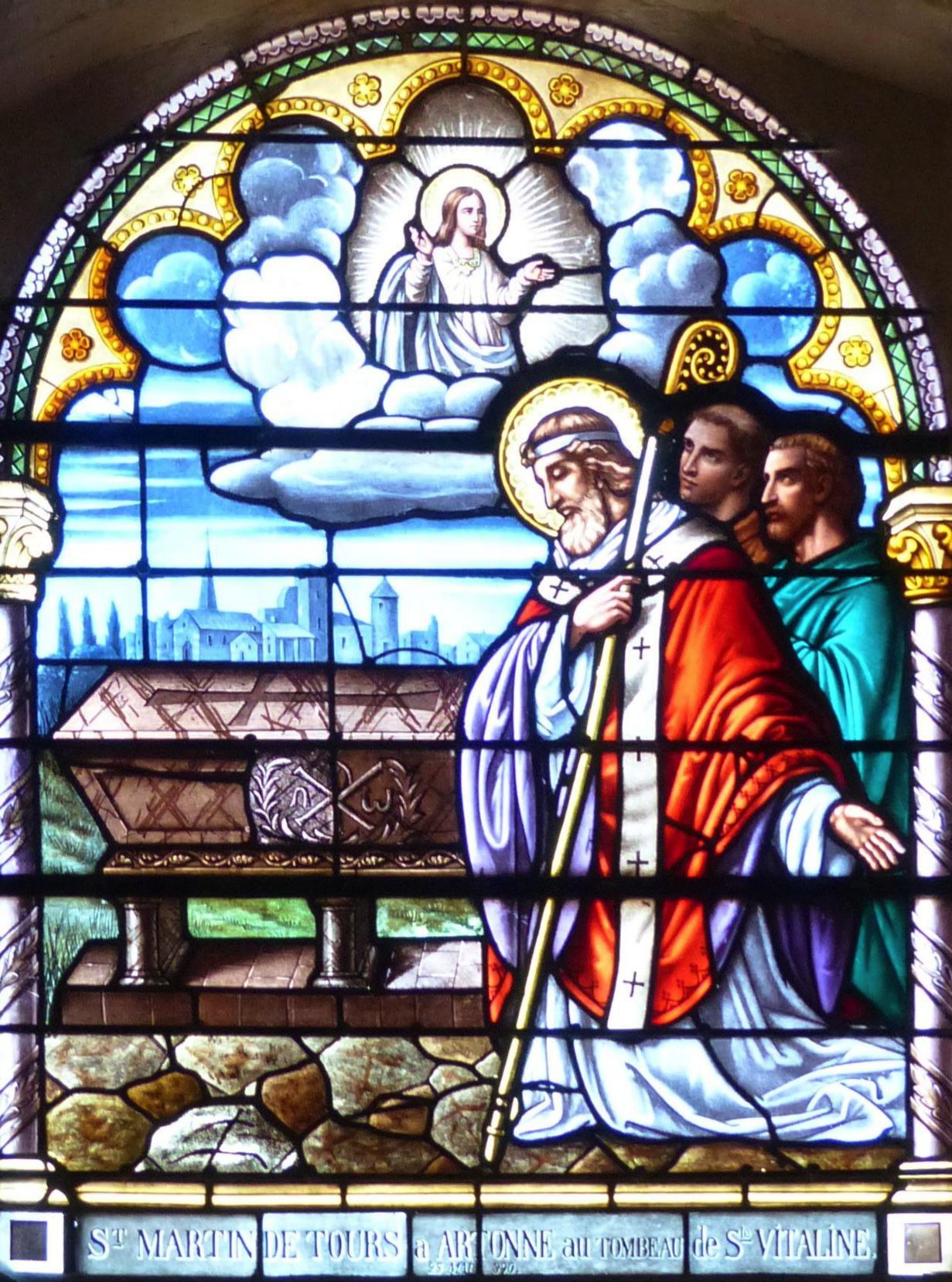 Glasfenster: Martin von Tours an Vitalianas Grab, in der Vitaliana-Kapelle der Pfarrkirche in Artonne